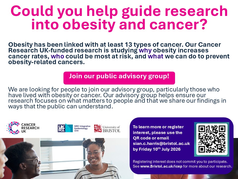 Could you help guide research into obesity and cancer? Poster inviting people to join an advisory group.